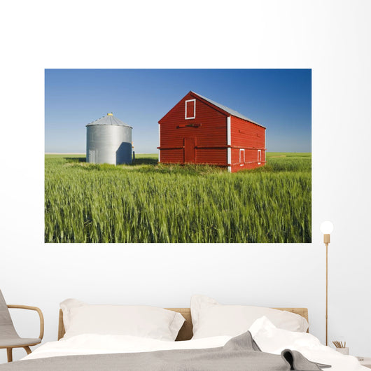 Metal Grain Bin And Wooden Grain Bin In Wheat Field Wall Mural