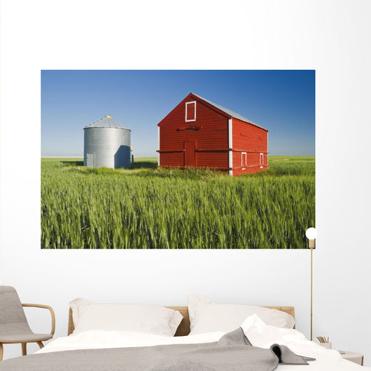 Metal Grain Bin And Wooden Grain Bin In Wheat Field Wall Mural