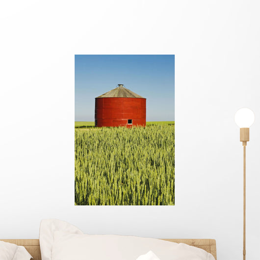 Red Grain Bin In Wheat Field Wall Mural