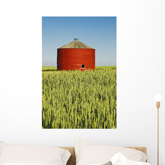 Red Grain Bin In Wheat Field Wall Mural