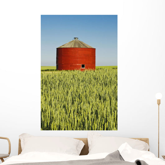 Red Grain Bin In Wheat Field Wall Mural