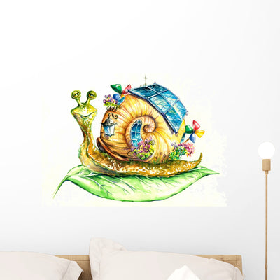 Eco-house Hippy Snail Wall Decal shown on a wall