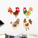 Four Colorful Cartoon Chickens Wall Decal Sticker Set