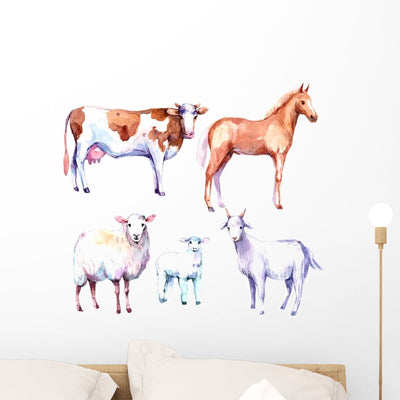 Watercolor Farm Animals Wall Decal Sticker Set shown on a wall
