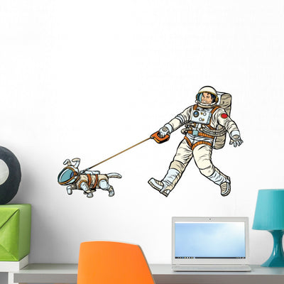 Astronauts Man and Dog Wall Decal shown on a wall