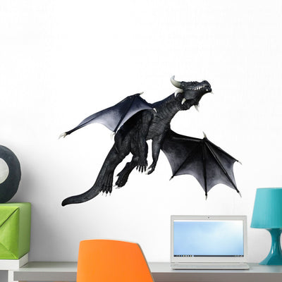 Black Flying Fantasy Dragon Wall Decal shown on a wall
