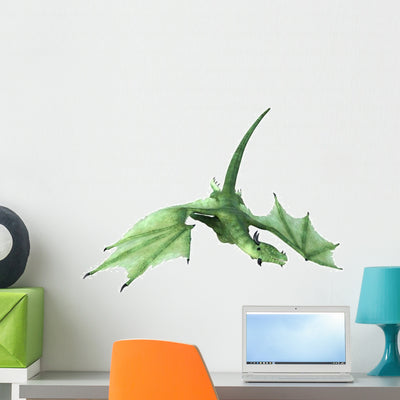 Swooping Green Fantasy Dragon Wall Decal shown on a wall