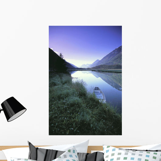 Canoe Sits At Lake Side Kenai Mtns Sunrise Wall Mural