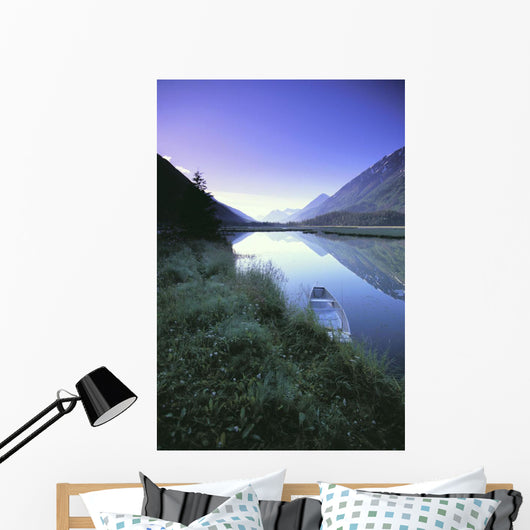Canoe Sits At Lake Side Kenai Mtns Sunrise Wall Mural