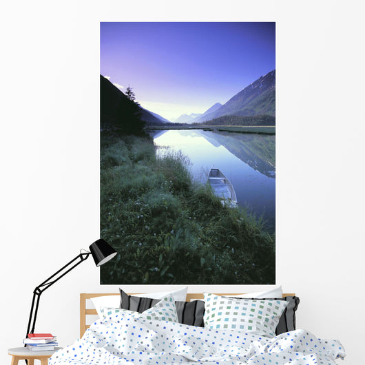 Canoe Sits At Lake Side Kenai Mtns Sunrise Wall Mural