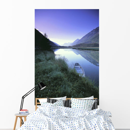 Canoe Sits At Lake Side Kenai Mtns Sunrise Wall Mural