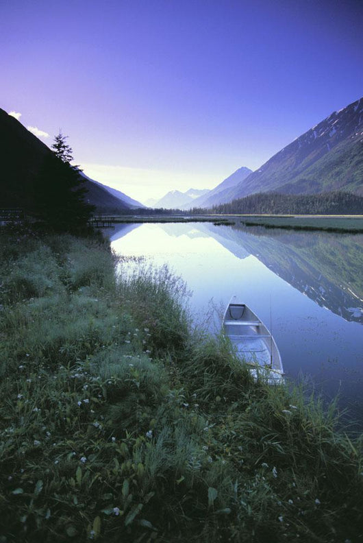 Canoe Sits At Lake Side Kenai Mtns Sunrise Wall Mural