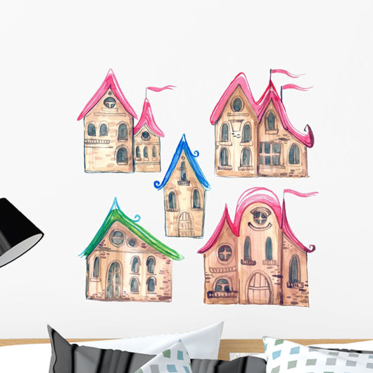 Watercolor Fairy-tale Village Town Wall Decal Sticker Set