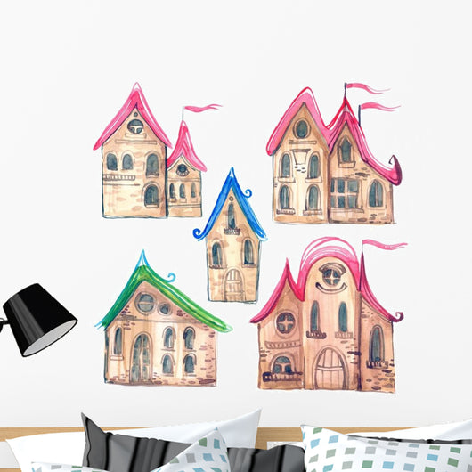 Watercolor Fairy-tale Village Town Wall Decal Sticker Set