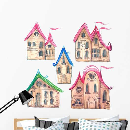 Watercolor Fairy-tale Village Town Wall Decal Sticker Set