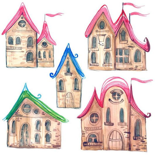 Watercolor Fairy-tale Village Town Wall Decal Sticker Set