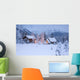 Two Snowcovered Homes In A Wintry Meadow At Dawn With Inside Lights On Wall Mural