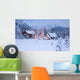 Two Snowcovered Homes In A Wintry Meadow At Dawn With Inside Lights On Wall Mural