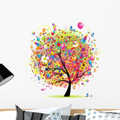 Happy Birthday Tree Wall Decal shown on a wall