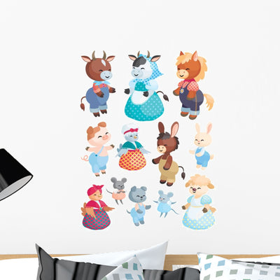 Cute Fantasy Farm Animals Wall Decal Sticker Set shown on a wall