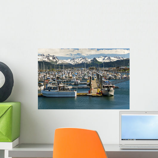 Scenic View Of The Homer Small Boat Harbor With The Kenai Mountains Wall Mural