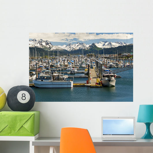 Scenic View Of The Homer Small Boat Harbor With The Kenai Mountains Wall Mural