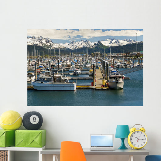 Scenic View Of The Homer Small Boat Harbor With The Kenai Mountains Wall Mural