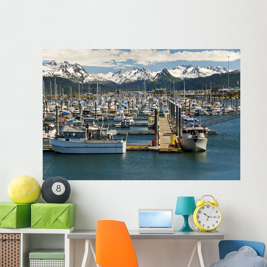 Scenic View Of The Homer Small Boat Harbor With The Kenai Mountains Wall Mural