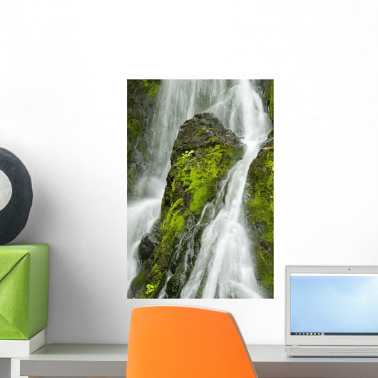 Waterfall Flows Over Green Foliage And Rock Outcrop Wall Mural