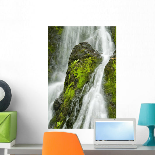 Waterfall Flows Over Green Foliage And Rock Outcrop Wall Mural