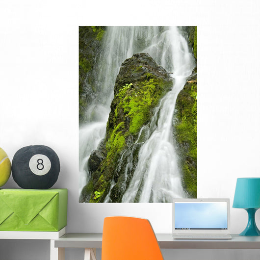 Waterfall Flows Over Green Foliage And Rock Outcrop Wall Mural