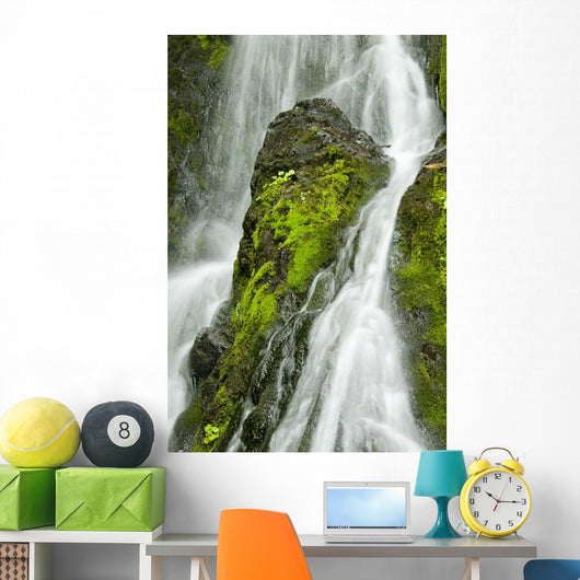 Waterfall Flows Over Green Foliage And Rock Outcrop Wall Mural