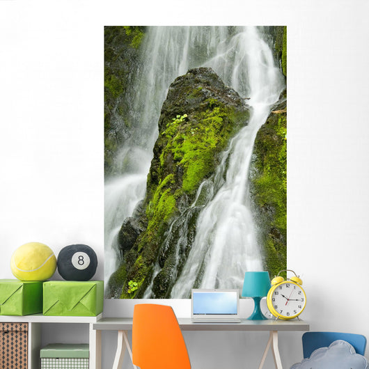 Waterfall Flows Over Green Foliage And Rock Outcrop Wall Mural