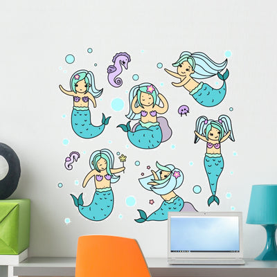 Kawaii Mermaid Characters Wall Decal Sticker Set shown on a wall