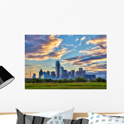 Overview Downtown Dallas Skyline Wall Decal shown on a wall