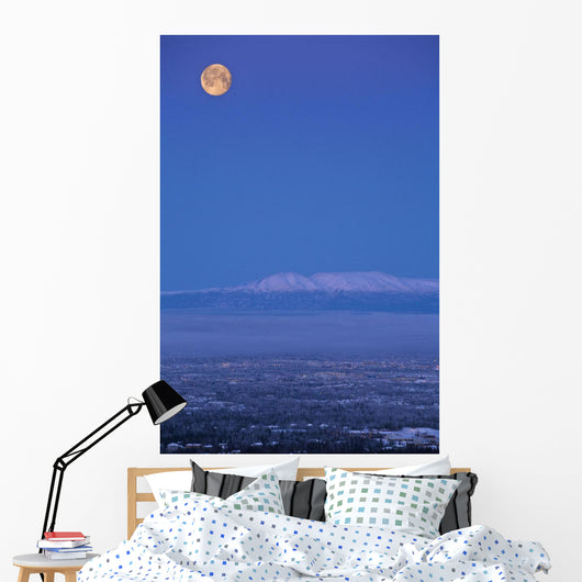 Scenic View Of The Full Moon Over Mt Susitna During Winter Wall Mural