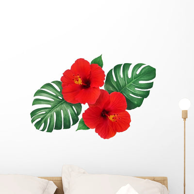 Red Tropical Hibiscus Flowers Wall Decal shown on a wall