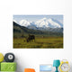 Two Caribou Feeding On Tundra With Mt Mckinley And Alaska Range Wall Mural