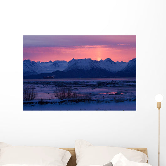 View Of Sunrise Over Mountains Across Kachemak Bay Near Homer Wall Mural