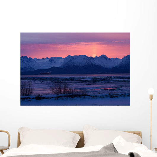 View Of Sunrise Over Mountains Across Kachemak Bay Near Homer Wall Mural