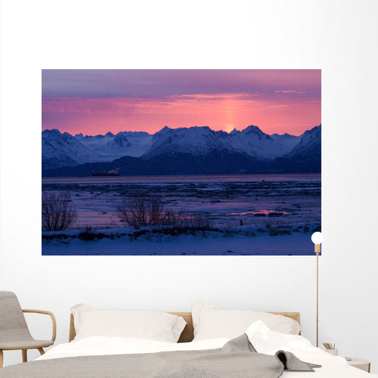 View Of Sunrise Over Mountains Across Kachemak Bay Near Homer Wall Mural