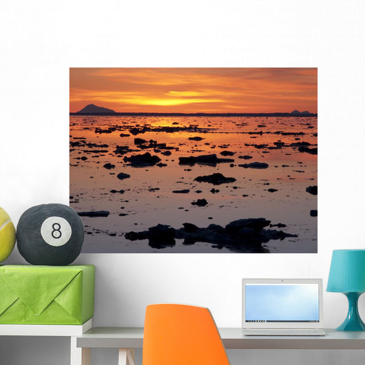 Scattered Ice On Turnagain Arm With Sun Setting Behind Mt Redoubt Wall Mural