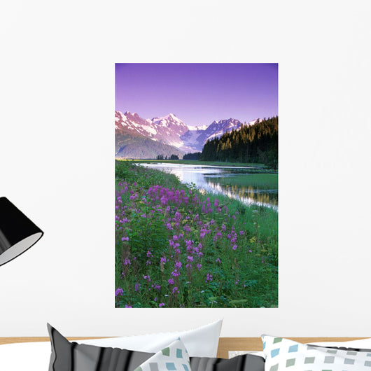 Fireweed In Bloom Along Pond W/Chugach Mtns Sc Ak Summer Wall Mural