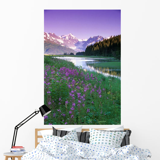 Fireweed In Bloom Along Pond W/Chugach Mtns Sc Ak Summer Wall Mural
