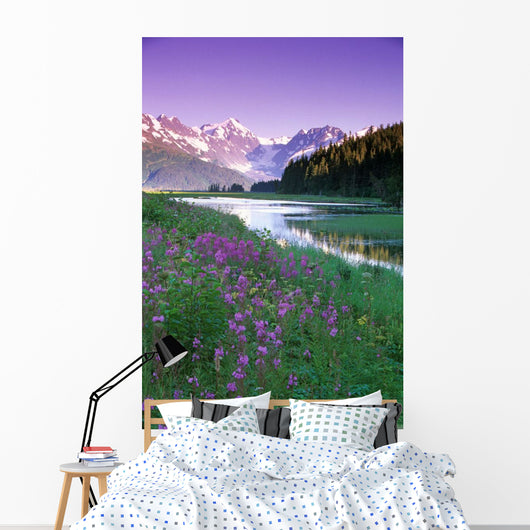 Fireweed In Bloom Along Pond W/Chugach Mtns Sc Ak Summer Wall Mural