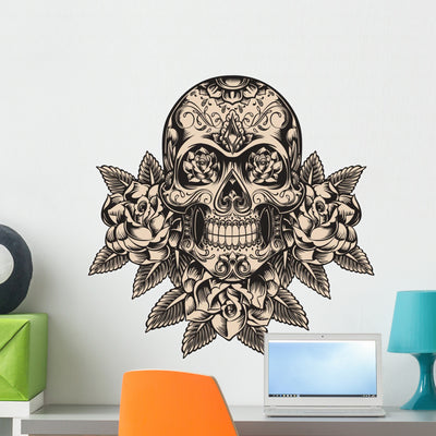 Skull with Roses Wall Decal shown on a wall