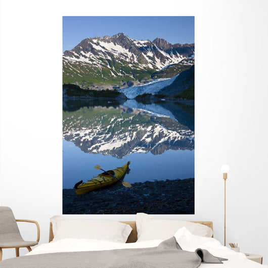 Kayak On The Beach In Shoup Bay With Shoup Glacier Reflected Wall Mural