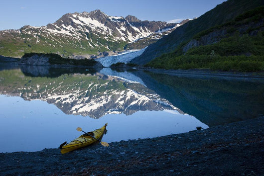 Kayak On The Beach In Shoup Bay With Shoup Glacier Reflected Wall Mural
