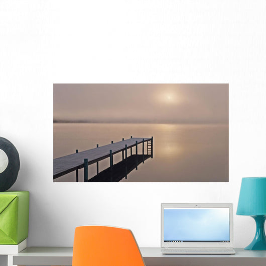 A Foggy Sunrise Over A Dock In Lake Whatcom During Winter Wall Mural