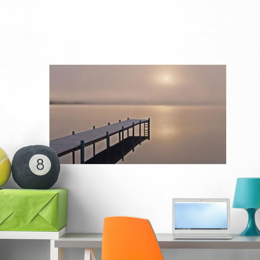 A Foggy Sunrise Over A Dock In Lake Whatcom During Winter Wall Mural